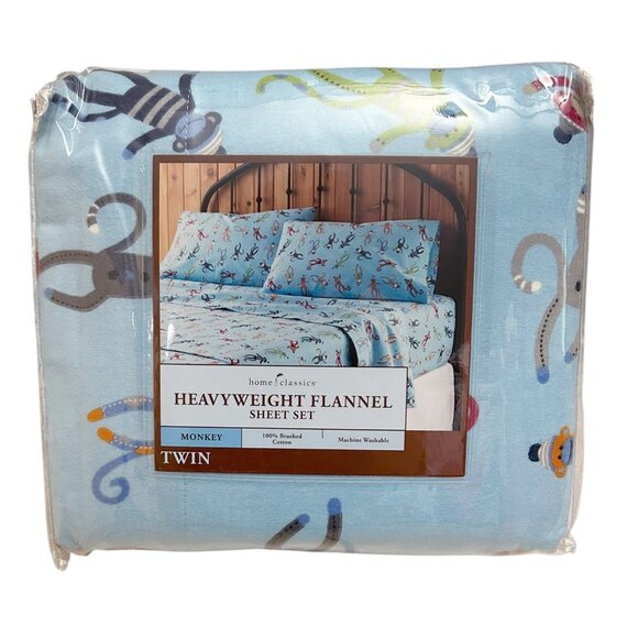 Home Classics Kohl’s Heavyweight Flannel Twin Sheet Set Blue Monkey 100% Cotton - Picture 1 of 5